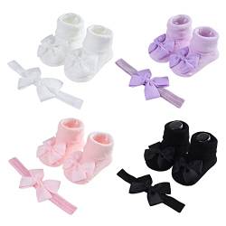 ISAKEN Baby Socken mit Stirnband, 4 Paar Neugeborenes Haarband Anti Rutsch Shoes Socken Kleinkinder Söckchen Haarband Kopfschmuck Geschenk für Baby Mädchen Taufe Hochzeit Party von ISAKEN