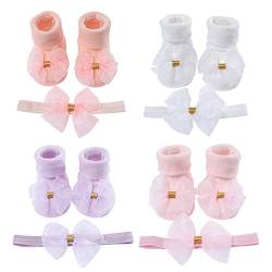 ISAKEN Baby Socken mit Stirnband, 4 Paar Neugeborenes Haarband Anti Rutsch Shoes Socken Kleinkinder Söckchen Haarband Kopfschmuck Geschenk für Baby Mädchen Taufe Hochzeit Party von ISAKEN