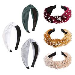 ISAKEN Damen Haarreifen 6 Stück Breite Haarreifen aus Kunststoff, Retro Haarreifen Samt Perlen Knoten Stirnbänder Turban Haarband für Mädchen Damen für Make up, Dating, Yoga, Urlaub, Hochzeiten von ISAKEN