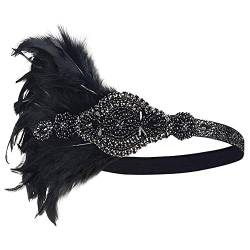 ISAKEN Federn Stirnband 1920er Jahre Damen Gatsby Haarbänd mit Kristall Strass Elastisch Haarband Haarschmuck Stirnbänder Kostümzubehör für Theme Party Hochzeit Burlesque Accessoire von ISAKEN