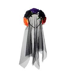 ISAKEN Halloween 2023 Tag der Toten, Rose Floral Crown Schleier Haarschmuck Stirnband Länge Haarreif Kopfschmuck Party Dekoration Gothic Hexen Kostüm für Halloween Karneval Fasching Cosplay von ISAKEN