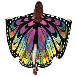 ISAKEN Karnevalskostüm Damen Schmetterling Umhang Erwachsene Poncho Umhang Farbverlauf Bunte Druck Schmetterlingflügel Schal für Party Halloween Weihnachten Kostüm Cosplay Karneval Fasching von ISAKEN