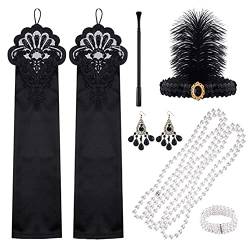 ISKAEN 1920er Flapper Zubehör Damen Feder Stirnband Kostüm Handschuhen Halskette Armband Ohrringen Spitze Faltfächer 20er Jahre Accessoires Flapper Great Gatsby Accessoires von ISAKEN