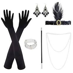 ISKAEN 1920er Flapper Zubehör Damen Feder Stirnband Kostüm Handschuhen Halskette Armband Ohrringen Spitze Faltfächer 20er Jahre Accessoires Flapper Great Gatsby Accessoires von ISAKEN