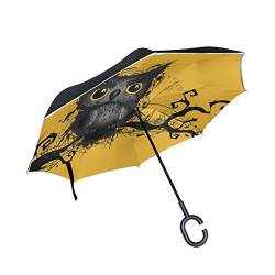 ISAOA Doppelschichtiger umgekehrter faltbarer Regenschirm, selbststehender und umgekehrter Autoschirm, rauer Grungy Eule, winddichter Regenschirm, mit UV-Schutz von ISAOA