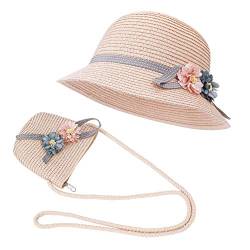 FT-SHOP Strohhut und Kleine Tasche Set Mädchen Kinder Sommer Sonnenhut mit Blumendekoration für den Urlaub Reise Outdoor-Aktivitäten von ISIYINER