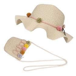 FT-SHOP Strohhut und Kleine Tasche Set Mädchen Kinder Sommer Sonnenhut mit Blumendekoration für den Urlaub Reise Outdoor-Aktivitäten von ISIYINER