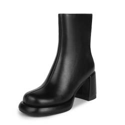 ISNOM Plateau-Stiefel für Frauen mit niedrigem klobigem Absatz, runde Zehenpartie, seitlicher Reißverschluss, Stiefeletten für Frauen, Mattes Schwarz, 37.5 EU von ISNOM