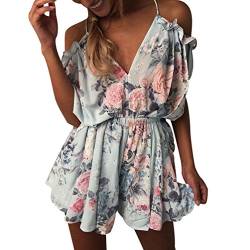 Jumpsuit Schulterfrei Damen Kurz Sommer Kurzer Overall V-Ausschnitt Playsuit Strand Jumpsuits Einteiler Blumen Frauen Trägerloser Playsuits Overalls Romper Chiffon Blumenmuster Elegant Festlich M von ISSHE