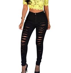 Zerrissene Jeans Hosen Damen High Waist Jeanshosen Stretch Skinny Jeans Mit Löchern Destroyed Röhrenjeans Damen Slim Fit Bleistift Hosen Denim Hüftjeans Zerrissen Leggings Shaping Jeanshose Schwarz XL von ISSHE