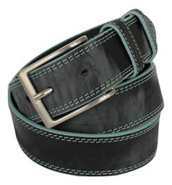 ITALOITALY Jeansgürtel aus Voll Stierleder, Gebraucht-effect, 3,5cm Breit, Schwarz mit Türkis Rand, Made in Italy, Unisex, Kürzbar (Bundweite: 95cm = Gesamtlänge: 110cm) von ITALOITALY