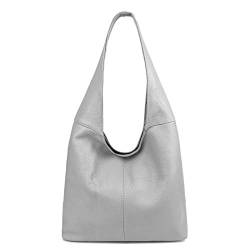 OBC Made in Italy Damen Leder Tasche Shopper Schultertasche Umhängetasche Handtasche Beuteltasche Hobo Bag Ledertasche Nappaleder (Hellgrau) von ITALYSHOP24-COM