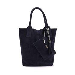 Made IN Italy Damen XXL Leder Tasche + Schmucktasche Handtasche Wildleder Shopper Schultertasche Fransen Umhängetasche Quaste Kette DIN-A4 Hobo Tote Bag Blau von ITALYSHOP24.COM