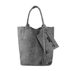 Made IN Italy Damen XXL Leder Tasche + Schmucktasche Handtasche Wildleder Shopper Schultertasche Fransen Umhängetasche Quaste Kette DIN-A4 Hobo Tote Bag Grau von ITALYSHOP24.COM