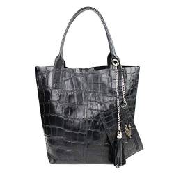 Made IN Italy Damen XXL Leder Tasche + Schmucktasche Wildleder Shopper Schultertasche Fransen Umhängetasche Quaste Kette DIN-A4 Hobo Tote Bag Schwarz Kroko von ITALYSHOP24.COM