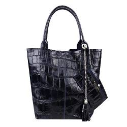 Made IN Italy Damen XXL Leder Tasche Wildleder Shopper Schultertasche + Schmucktasche (Dunkelblau Kroko) von ITALYSHOP24.COM