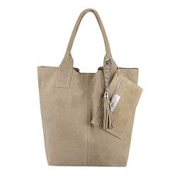 Made IN Italy Damen XXL Leder Tasche Wildleder Shopper Schultertasche Schmucktasche Taupe von ITALYSHOP24.COM