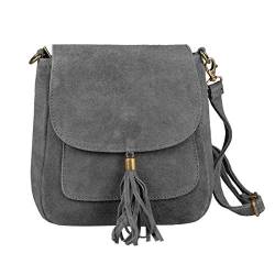 Made in Italy Damen Leder Tasche Messenger Bag Henkeltasche Wildleder Handtasche Umhängetasche Ledertasche Schultertasche Beuteltasche Fransen Cross-Over Dunkelgrau von ITALYSHOP24.COM