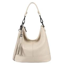 OBC Made in Italy Damen Leder Tasche Umhängetasche Shopper Schultertasche Handtasche Crossbody City Bag Crossover Ledertasche Damentasche Fransen Beige von ITALYSHOP24