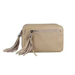 ITALYSHOP24COM OBC Made in Italy Damen Leder Tasche Umhängetasche Schultertasche Beuteltasche Cross-Over Cross Bag Glattleder Schmucktasche Fransen Ledertasche (Helltaupe), ca.: 20x14x6 cm (BxHxT) von ITALYSHOP24COM