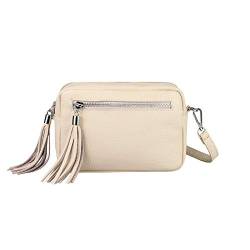 OBC Made in Italy Damen Leder Tasche Umhängetasche Schultertasche Beuteltasche Cross-Over Cross Bag Glattleder Schmucktasche Fransen Ledertasche (Beige) von ITALYSHOP24COM