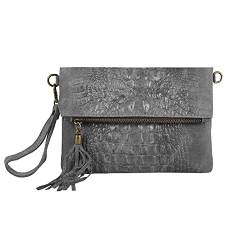 OBC Made in Italy Damen echt Leder Clutch Tasche Kroko Wildleder Handtasche Umhängetasche Ledertasche Schultertasche Fransen Cross-Over Dunkelgrau von ITALYSHOP24COM