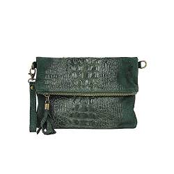 OBC Made in Italy Damen echt Leder Clutch Tasche Kroko Wildleder Handtasche Umhängetasche Ledertasche Schultertasche Fransen Cross-Over Dunkelgrün von ITALYSHOP24COM