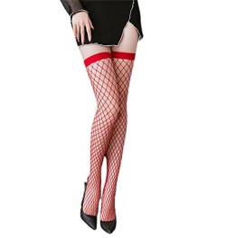 ITODA 3 Paar Halterlose Strümpfe Damen Fischnetz Kniestrümpfe Oberschenkel Hohe Netzstrümpfe Sexy Sommer Spitzensocken Transparent Netz Socken Overknees Lang Netzsocken für Frauen Einheitsgröße Rot von ITODA