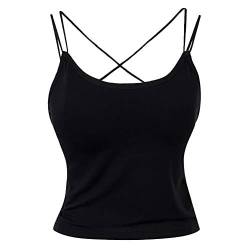 ITODA Spaghetti Top Damen Unterhemd Baumwolle Tank Top mit Gepolsterten BH Spaghettitop Crossback Crop Top Rückenfrei Ärmelloses Trägertop Basic Cami Tanktop Oberteil für Frauen Mädchen Schwarz von ITODA