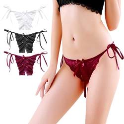 ITODA Tanga Damen Offen Strings Spitze Unterwäsche Panties Frauen 3Pcs Unterhose G-String Dessous Stringtanga Attraktiv Love Damenwäsche Slip Hautfreundlich G-Schnur Blume des Begehrens von ITODA