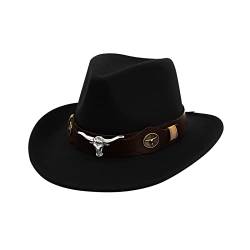 Klassischer Cowboyhut aus Filz, Vintage-Fedora-Hut, breite Krempe, Cowboyhut mit Schnalle, Gürtel für Damen und Herren, Schwarz, Einheitsgr��e von ITODA