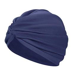 Turban Damen Mode Kappe Afrikanisch Kopftuch Kopfwickel Mütze Vorgebunden Knot Schlafhut Baumwolle Turbanhut Elasitisch Schlafmütze Plissee Kopfbedeckung für Haarverlust Schlafen Freizeit Dunkelblau von ITODA