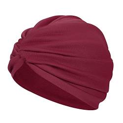 Turban Damen Mode Kappe Afrikanisch Kopftuch Kopfwickel Mütze Vorgebunden Knot Schlafhut Baumwolle Turbanhut Elasitisch Schlafmütze Plissee Kopfbedeckung für Haarverlust Schlafen Freizeit Weinrot von ITODA