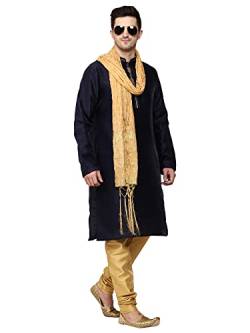 ITOS365 Herren Tunika Art Seide Kurta Pyjama und Schal Anzug Set Indische Kleidung Hochzeit Party Kleid Geschenke Artikel, Marineblau, Medium-Large von ITOS365