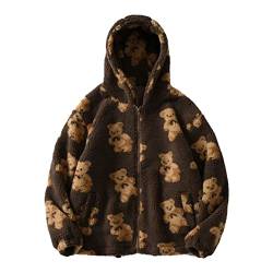 ITVIP Damen Oversized Sherpa-Jacke Fuzzy Fleece Niedlicher Teddybär Print Mantel Reißverschluss Langarm Kapuzen-Outwear mit Tasche Hooded (Kaffee, S) von ITVIP