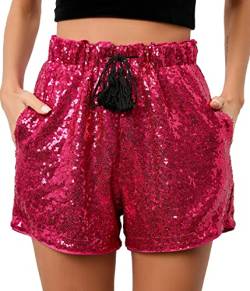 Damen Sommer Pailletten Shorts Hohe Taille Casual Loose A Linie Hot Pants Glitzernde Clubwear Night-Out Skorts, rosarot, Groß von IUALXYBB