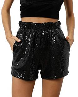 Damen Sommer Pailletten Shorts Hohe Taille Casual Loose A Linie Hot Pants Glitzernde Clubwear Night-Out Skorts, schwarz, X-Groß von IUALXYBB
