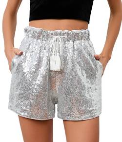 Damen Sommer Pailletten Shorts Hohe Taille Casual Loose A Linie Hot Pants Glitzernde Clubwear Night-Out Skorts, silber, Groß von IUALXYBB