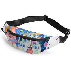 Open Book Magic Castle Moon Sun Seashells on White Background Fanny Pack, Adult Kids Sport Waist Bag for Men Women von IUBBKI