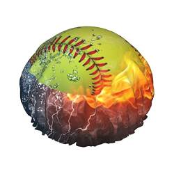 Orangefarbener Softball-Baseball auf Feuer und Wasser, bedruckte Duschhaube, Haarhaube, wiederverwendbare Badekappe, wasserdichte Duschhauben für Frauen, alle Haarlängen von IUBBKI
