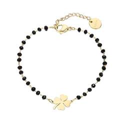 IUDWCG 1 Pcs Glücksklee-Armband aus Edelstahl mit schwarzen Perlen und einfachem Glücksbringer-Armband (Gold) von IUDWCG