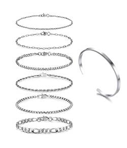 IUDWCG 7 Pcs Ketten Armbander für Damen 14 Karat Silber Armkette Damen Twist Kettenarmbänder Verstellbar Modeschmuck Armbander Set Silber Armbander für Damen Mädchen von IUDWCG