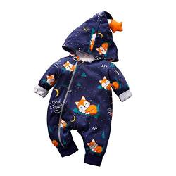 IURNXB Neugeborener Reißverschluss Strumpfhose mit Kapuzen Jumpsuit Print Stilvolle Babykleidung Fox Design (Blau, 12-24 Monate) von IURNXB