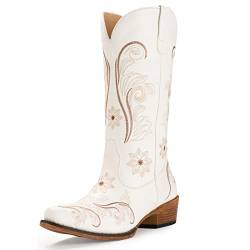 Cowboy-Stiefel für Damen, spitze Zehenpartie, Damen-Westernstiefel, Cowgirl-Stiefel, mittlere Waden-Stiefel, Weiß, 39 EU von IUV