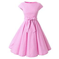 Damen 50er 60er Vintage Rockabilly V-Ausschnitt Cocktail Swing Kleid Polka Dot 1950er Retro Audrey Hepburn Ausgestelltes Skater Ballkleid, Pink-little Polka, Mittel von IWEMEK