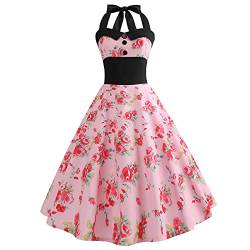 Damen 50er Jahre Vintage Polka Dot Halfter Cocktail Swing Kleid Knöpfe Floral 1950er Rockabilly Audrey Hepburn Prom Tee Party Kleid, Pink-Flower, Mittel von IWEMEK