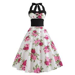 Damen 50er Jahre Vintage Polka Dot Neckholder Cocktail Swing Kleid Knöpfe Floral 1950er Jahre Rockabilly Audrey Hepburn Prom Tee Party Kleid, Weißblume, Groß von IWEMEK