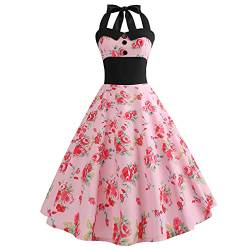 Damen 50er Jahre Vintage Polka Dot Neckholder Cocktail Swing Kleid Knöpfe Floral 1950er Rockabilly Audrey Hepburn Abschlussball Tee Party Kleid, Pink-Flower, Klein von IWEMEK