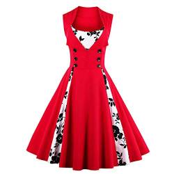 Damen Kleid mit Punkten, Retro-Stil, Vintage-Stil, Cocktail-Party, Swing-Kleid, zweireihig, Blumenmuster, 1950er-Jahre-Kleid, Patchwork, 50er-Jahre-Audrey-Kleid, Rot-Blumen, 5X-Groß von IWEMEK