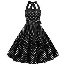 Damen Vintage Polka Dot 1950er Rockabilly Neckholder Audrey Kleid Retro Floral Abend Cocktail Swing Kleid, Halter#schwarz, Klein von IWEMEK